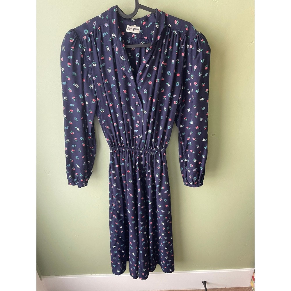 Vintage Tiger Flower Navy Blue Floral Midi Dress Elastic Waist Long Sleeve 80s - Picture 3 of 14
